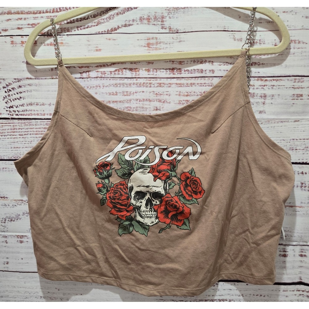 Poison Crop top Women's XL NEW‎ Y2K Skull Roses Chain Straps Tan